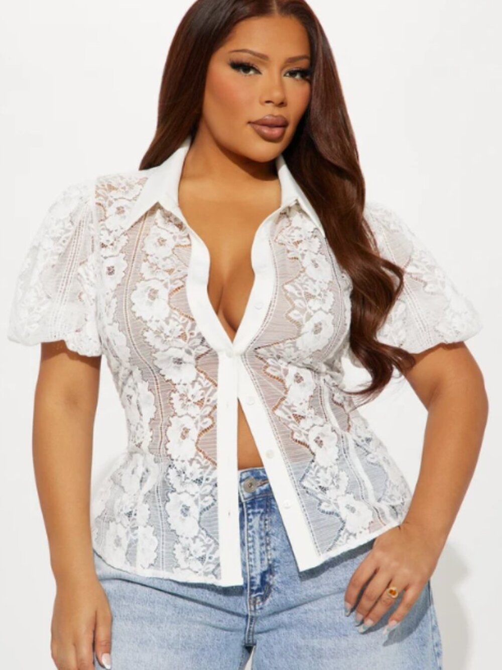 Fashion Nova New White Lace Puff Sleeve Button Front Blouse